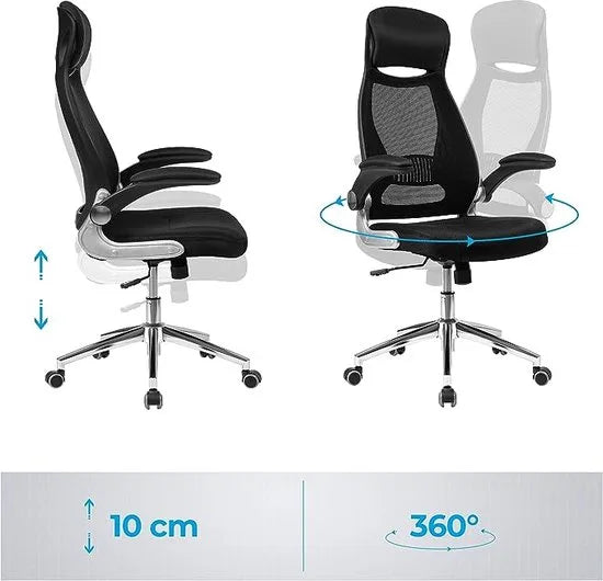 FurnStar - Ergonomische bureaustoel - Draaibare hoogte en verstelbare armleuningen - Ademende canvas rugleuning - 64 x 55 x (117-126,5) cm - Zwart