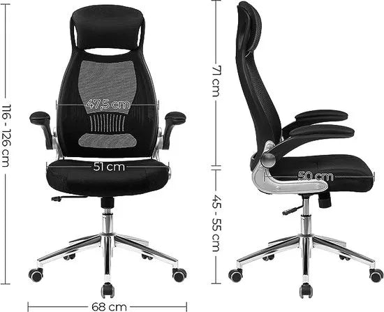 FurnStar - Ergonomische bureaustoel - Draaibare hoogte en verstelbare armleuningen - Ademende canvas rugleuning - 64 x 55 x (117-126,5) cm - Zwart