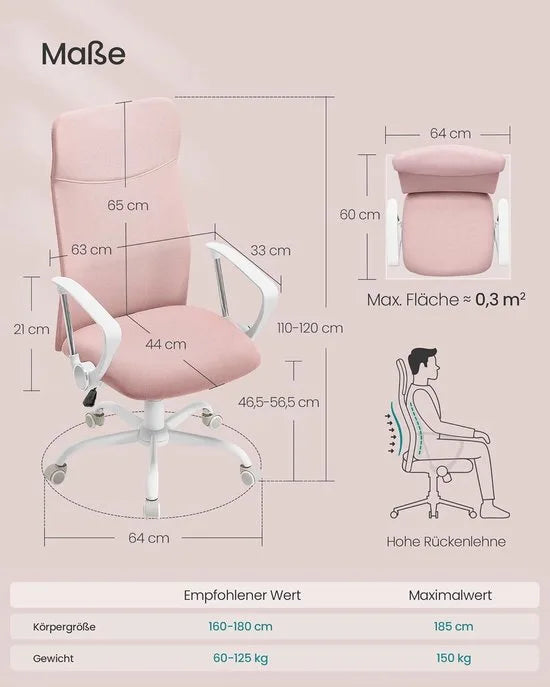 Furnstar Ergonomische Bureaustoel – Draaistoel met Gevoerde Zitting – In Hoogte Verstelbaar & Kantelbaar – Tot 120 kg –Roze