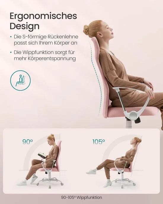Furnstar Ergonomische Bureaustoel – Draaistoel met Gevoerde Zitting – In Hoogte Verstelbaar & Kantelbaar – Tot 120 kg –Roze