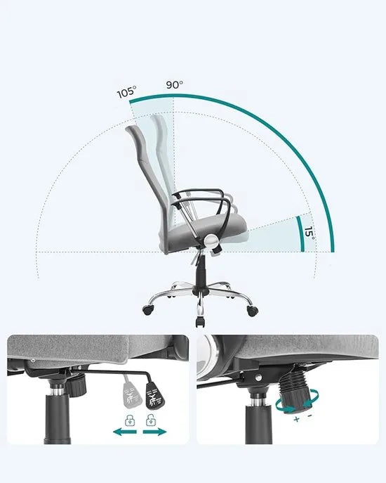 Furnstar Ergonomische Bureaustoel – Draaistoel met Gevoerde Zitting – In Hoogte Verstelbaar & Kantelbaar – Tot 120 kg – Grijs