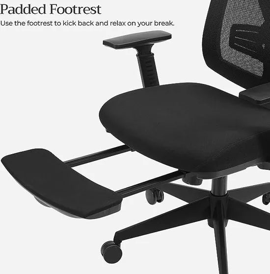 FurnStar - Ergonomische Bureaustoel Met Voetenbankje - Bureaustoel Met Lendensteun - Verstelbare Hoofdsteun- Armleuningen - Hoogteverstelling En Kantelfunctie - Draagvermogen Tot 150 Kg - Zwart