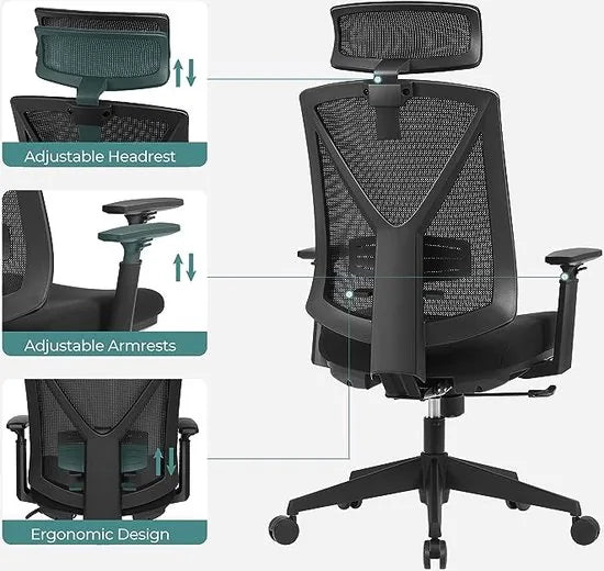 FurnStar - Ergonomische Bureaustoel Met Voetenbankje - Bureaustoel Met Lendensteun - Verstelbare Hoofdsteun- Armleuningen - Hoogteverstelling En Kantelfunctie - Draagvermogen Tot 150 Kg - Zwart