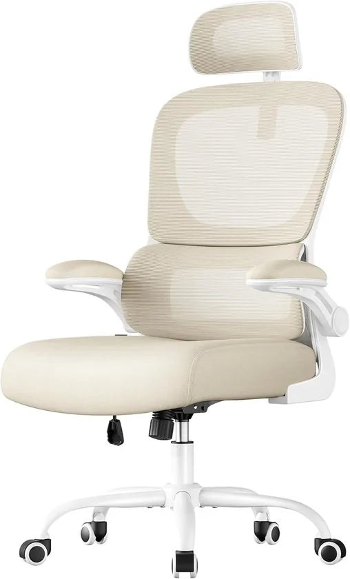 Furnstar Ergonomische Bureaustoel – Netstoel met Dubbellaags Mesh – Verstelbare Hoofdsteun & Adaptieve Lendensteun – Ademend – Inktzwart – Beige