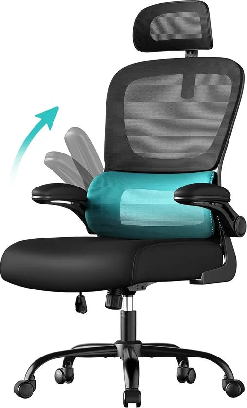 Furnstar Ergonomische Bureaustoel – Netstoel met Dubbellaags Mesh – Verstelbare Hoofdsteun & Adaptieve Lendensteun – Ademend – Inktzwart