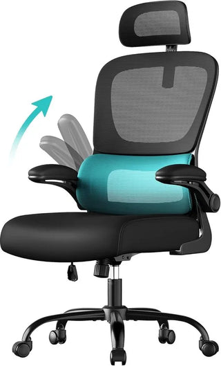 Furnstar Ergonomische Bureaustoel – Netstoel met Dubbellaags Mesh – Verstelbare Hoofdsteun & Adaptieve Lendensteun – Ademend – Inktzwart