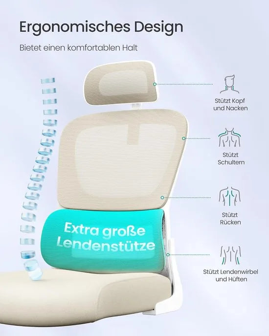 Furnstar Ergonomische Bureaustoel – Netstoel met Dubbellaags Mesh – Verstelbare Hoofdsteun & Adaptieve Lendensteun – Ademend – Inktzwart – Beige