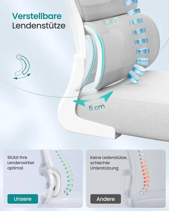 Furnstar Ergonomische Bureaustoel – Netstoel met Dubbellaags Mesh – Verstelbare Hoofdsteun & Adaptieve Lendensteun – Ademend – Inktzwart – Grijs