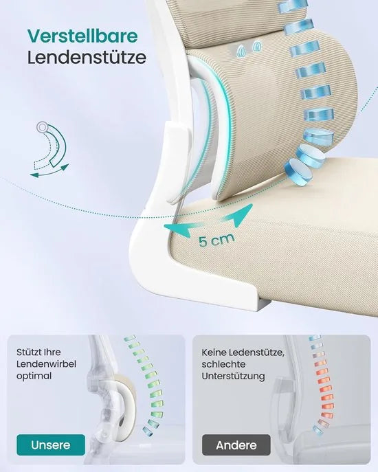 Furnstar Ergonomische Bureaustoel – Netstoel met Dubbellaags Mesh – Verstelbare Hoofdsteun & Adaptieve Lendensteun – Ademend – Inktzwart – Beige