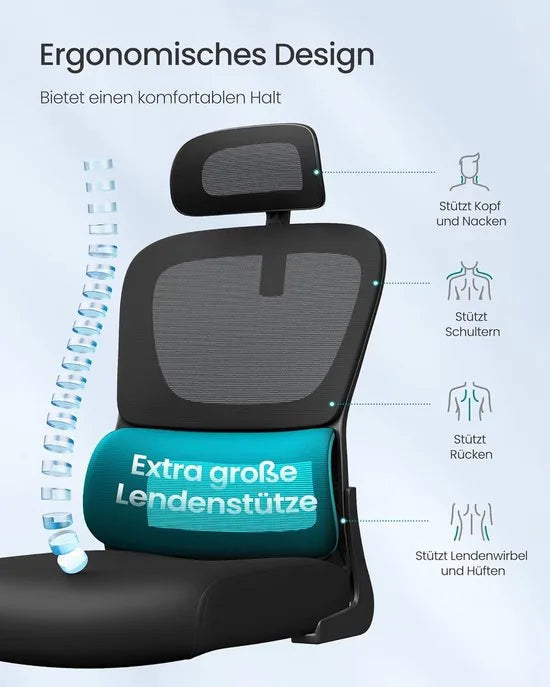 Furnstar Ergonomische Bureaustoel – Netstoel met Dubbellaags Mesh – Verstelbare Hoofdsteun & Adaptieve Lendensteun – Ademend – Inktzwart