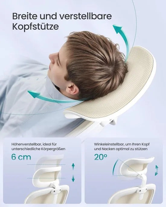 Furnstar Ergonomische Bureaustoel – Netstoel met Dubbellaags Mesh – Verstelbare Hoofdsteun & Adaptieve Lendensteun – Ademend – Inktzwart – Beige