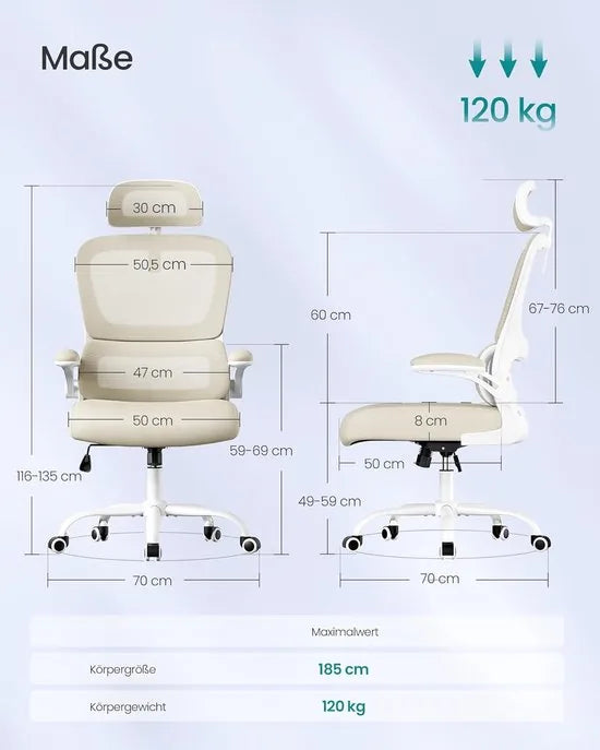 Furnstar Ergonomische Bureaustoel – Netstoel met Dubbellaags Mesh – Verstelbare Hoofdsteun & Adaptieve Lendensteun – Ademend – Inktzwart – Beige