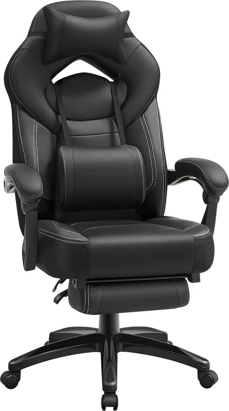 FurnStar - Ergonomische Gaming Stoel - Bureaustoel met Telescopische Voetensteun - Verstelbare Hoofdsteun - Lendensteun - Maximale Belasting 150kg - Zwart