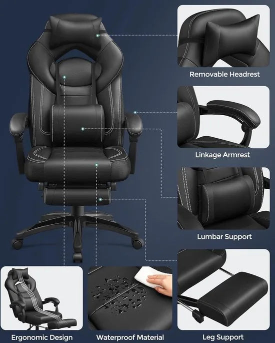 FurnStar - Ergonomische Gaming Stoel - Bureaustoel met Telescopische Voetensteun - Verstelbare Hoofdsteun - Lendensteun - Maximale Belasting 150kg - Zwart