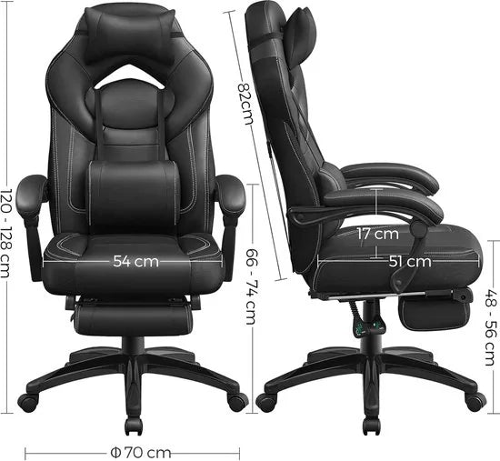 FurnStar - Ergonomische Gaming Stoel - Bureaustoel met Telescopische Voetensteun - Verstelbare Hoofdsteun - Lendensteun - Maximale Belasting 150kg - Zwart