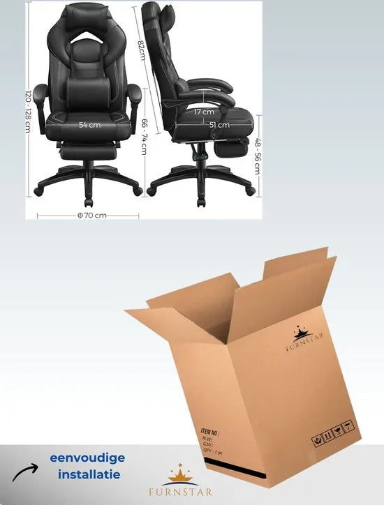 FurnStar - Ergonomische Gaming Stoel - Bureaustoel met Telescopische Voetensteun - Verstelbare Hoofdsteun - Lendensteun - Maximale Belasting 150kg - Zwart