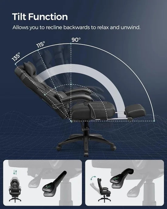 FurnStar - Ergonomische Gaming Stoel - Bureaustoel met Telescopische Voetensteun - Verstelbare Hoofdsteun - Lendensteun - Maximale Belasting 150kg - Zwart