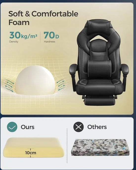 FurnStar - Ergonomische Gaming Stoel - Bureaustoel met Telescopische Voetensteun - Verstelbare Hoofdsteun - Lendensteun - Maximale Belasting 150kg - Zwart
