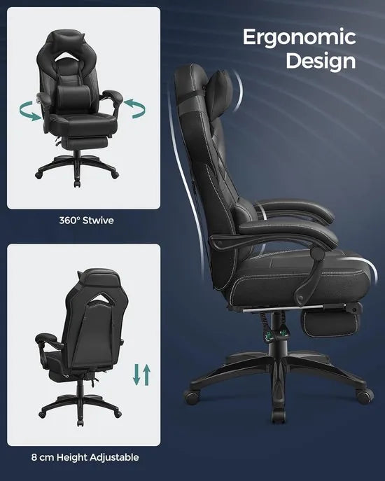FurnStar - Ergonomische Gaming Stoel - Bureaustoel met Telescopische Voetensteun - Verstelbare Hoofdsteun - Lendensteun - Maximale Belasting 150kg - Zwart