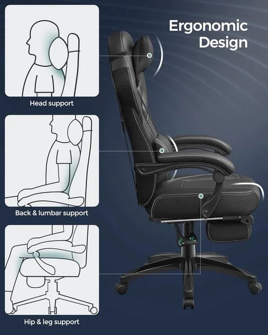 FurnStar - Ergonomische Gaming Stoel - Bureaustoel met Telescopische Voetensteun - Verstelbare Hoofdsteun - Lendensteun - Maximale Belasting 150kg - Zwart