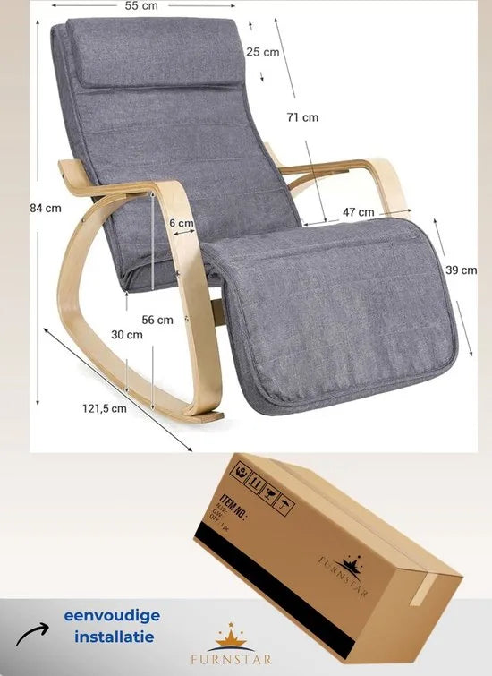 FurnStar - Fauteuil schommelstoel - Relaxfauteuil linnen imitatie - grijs