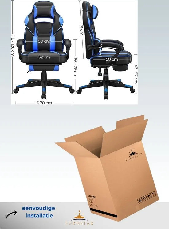 FurnStar gamestoel - Ergonomisch - Bureaustoel - Met Nekkussen - Met wieltjes - Zwart met Blauw