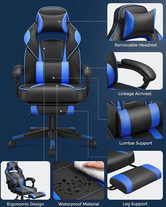 FurnStar gamestoel - Ergonomisch - Bureaustoel - Met Nekkussen - Met wieltjes - Zwart met Blauw