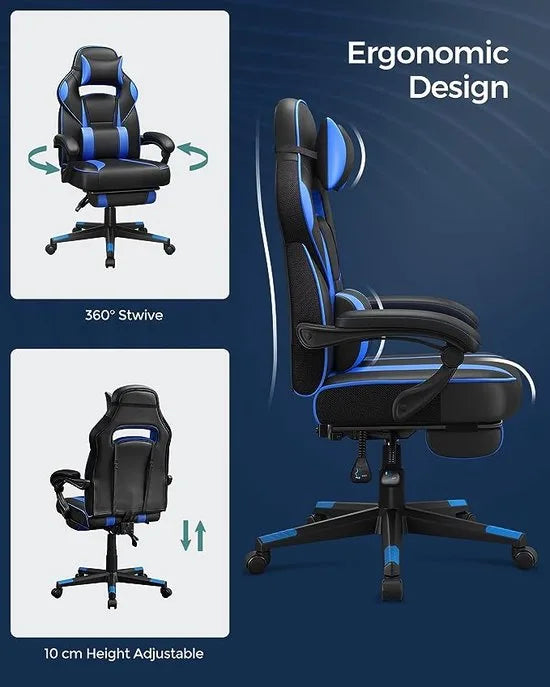 FurnStar gamestoel - Ergonomisch - Bureaustoel - Met Nekkussen - Met wieltjes - Zwart met Blauw