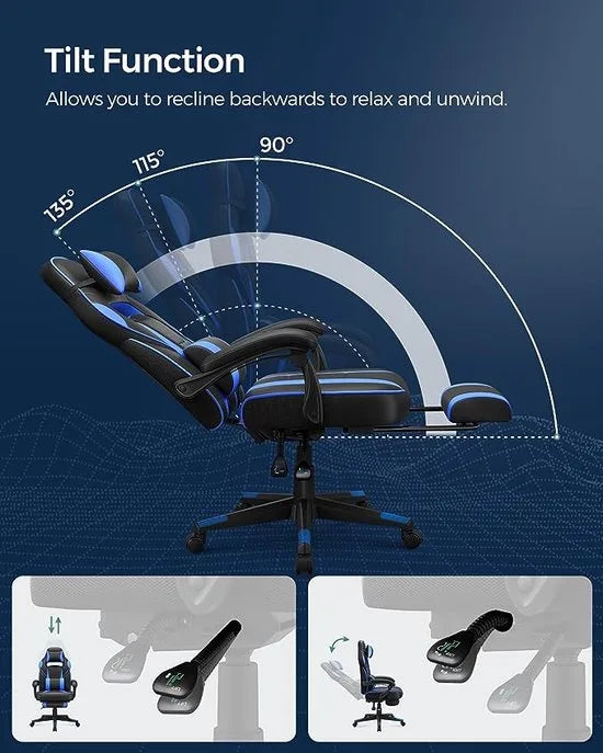 FurnStar gamestoel - Ergonomisch - Bureaustoel - Met Nekkussen - Met wieltjes - Zwart met Blauw