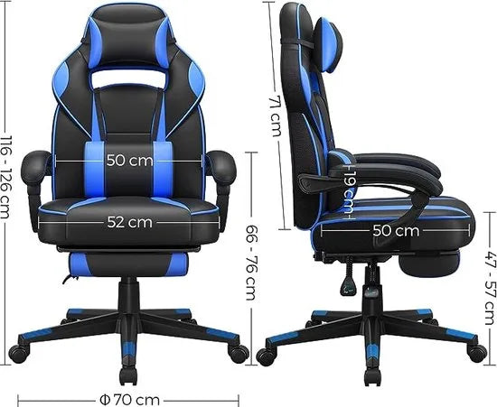 FurnStar gamestoel - Ergonomisch - Bureaustoel - Met Nekkussen - Met wieltjes - Zwart met Blauw