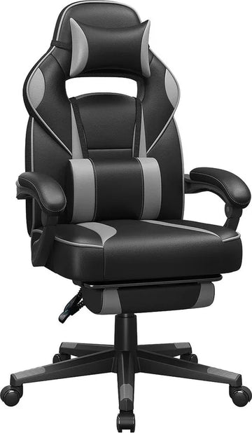FurnStar - Gaming stoel - Bureaustoel met voetenbankje - Bureaustoel met hoofdsteun en lendensteunkussen - In hoogte verstelbaar - Ergonomisch - Kantelhoek van 90-135° - Draagvermogen tot 150 kg - Zwart-Grijs