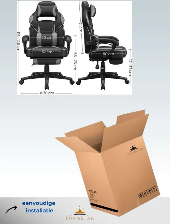 FurnStar - Gaming stoel - Bureaustoel met voetenbankje - Bureaustoel met hoofdsteun en lendensteunkussen - In hoogte verstelbaar - Ergonomisch - Kantelhoek van 90-135° - Draagvermogen tot 150 kg - Zwart-Grijs