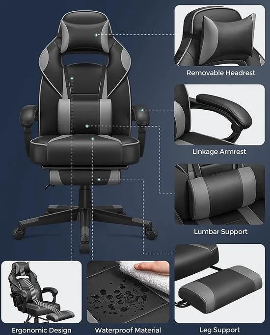 FurnStar - Gaming stoel - Bureaustoel met voetenbankje - Bureaustoel met hoofdsteun en lendensteunkussen - In hoogte verstelbaar - Ergonomisch - Kantelhoek van 90-135° - Draagvermogen tot 150 kg - Zwart-Grijs