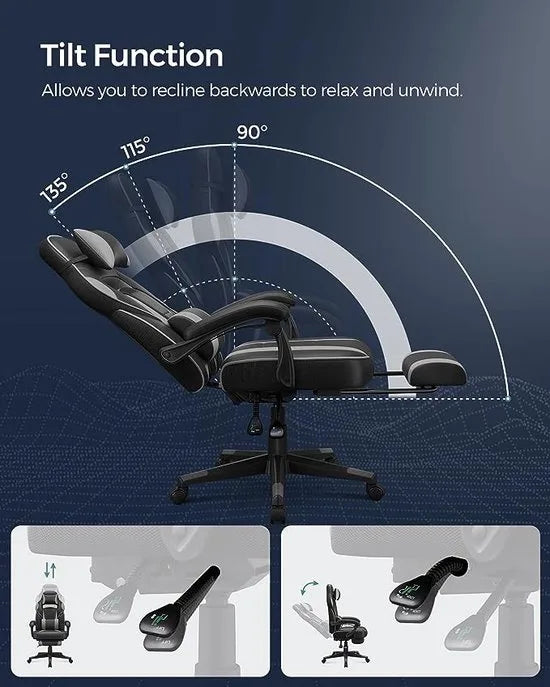 FurnStar - Gaming stoel - Bureaustoel met voetenbankje - Bureaustoel met hoofdsteun en lendensteunkussen - In hoogte verstelbaar - Ergonomisch - Kantelhoek van 90-135° - Draagvermogen tot 150 kg - Zwart-Grijs