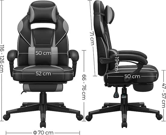 FurnStar - Gaming stoel - Bureaustoel met voetenbankje - Bureaustoel met hoofdsteun en lendensteunkussen - In hoogte verstelbaar - Ergonomisch - Kantelhoek van 90-135° - Draagvermogen tot 150 kg - Zwart-Grijs