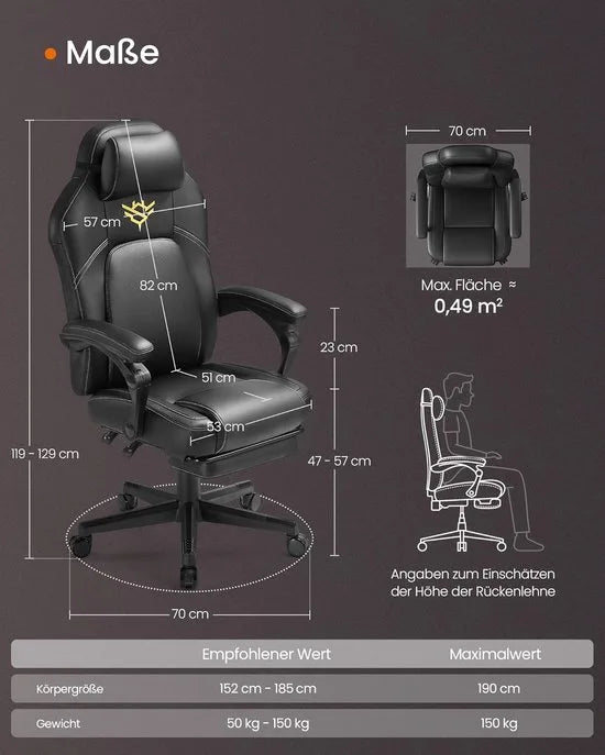 FurnStar - Gaming-stoel - Ergonomische computerstoel met voetensteun - Bureaustoel - draaistoel met kussen - PU - in hoogte verstelbaar - 70 x 70 x (119-129) cm - inktzwart