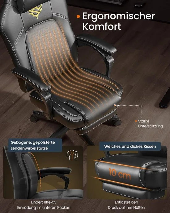 FurnStar - Gaming-stoel - Ergonomische computerstoel met voetensteun - Bureaustoel - draaistoel met kussen - PU - in hoogte verstelbaar - 70 x 70 x (119-129) cm - inktzwart