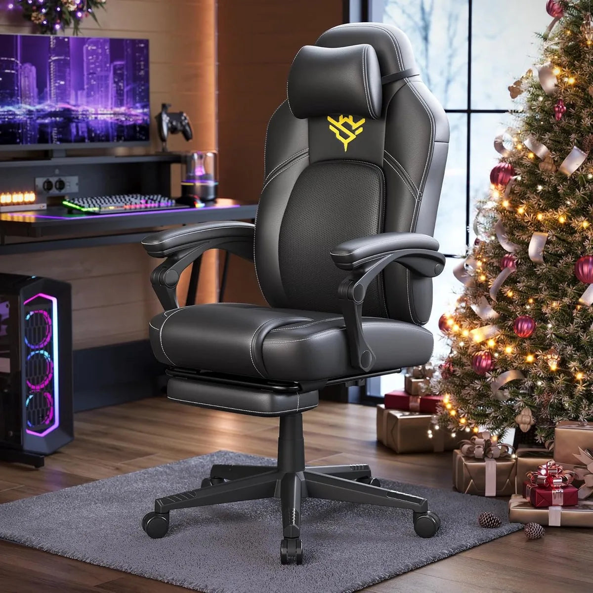 FurnStar - Gaming-stoel - Ergonomische computerstoel met voetensteun - Bureaustoel - draaistoel met kussen - PU - in hoogte verstelbaar - 70 x 70 x (119-129) cm - inktzwart