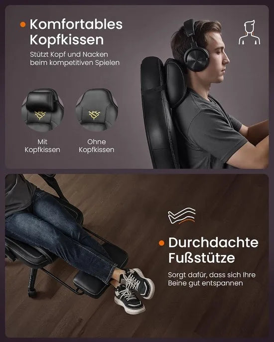 FurnStar - Gaming-stoel - Ergonomische computerstoel met voetensteun - Bureaustoel - draaistoel met kussen - PU - in hoogte verstelbaar - 70 x 70 x (119-129) cm - inktzwart