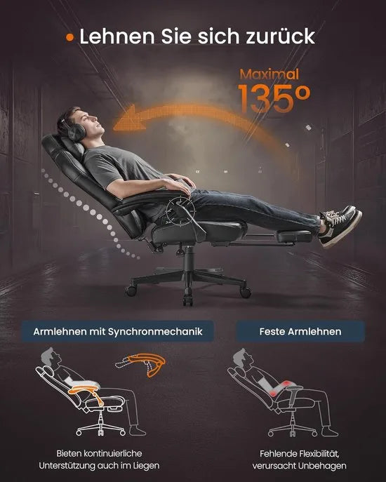 FurnStar - Gaming-stoel - Ergonomische computerstoel met voetensteun - Bureaustoel - draaistoel met kussen - PU - in hoogte verstelbaar - 70 x 70 x (119-129) cm - inktzwart