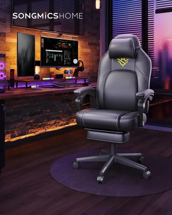 FurnStar - Gaming-stoel - Ergonomische computerstoel met voetensteun - Bureaustoel - draaistoel met kussen - PU - in hoogte verstelbaar - 70 x 70 x (119-129) cm - inktzwart