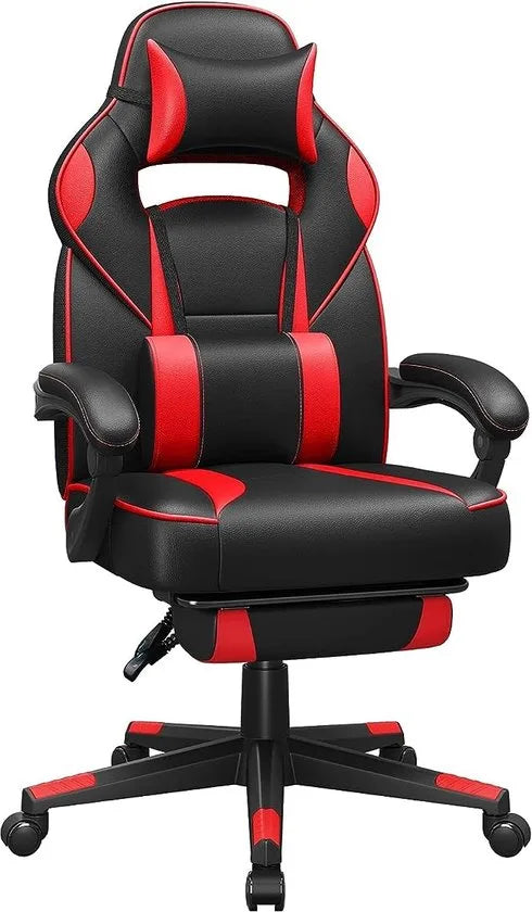 FurnStar - Gamingstoel - Bureaustoel Met Voetensteun - Bureaustoel Met Hoofdsteun En Lendenkussen - In Hoogte Verstelbaar - Ergonomisch - 90-135° Kantelhoek - Belastbaar Tot 150 kg - Zwart-Rood