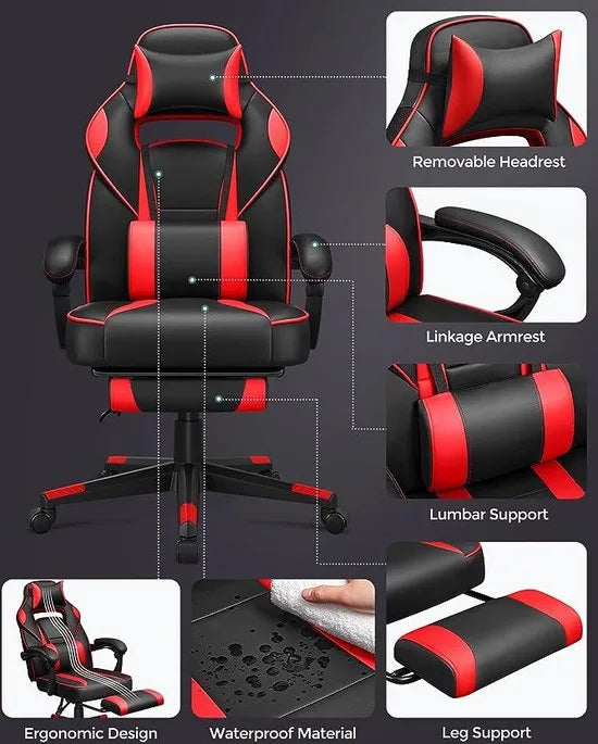 FurnStar - Gamingstoel - Bureaustoel Met Voetensteun - Bureaustoel Met Hoofdsteun En Lendenkussen - In Hoogte Verstelbaar - Ergonomisch - 90-135° Kantelhoek - Belastbaar Tot 150 kg - Zwart-Rood