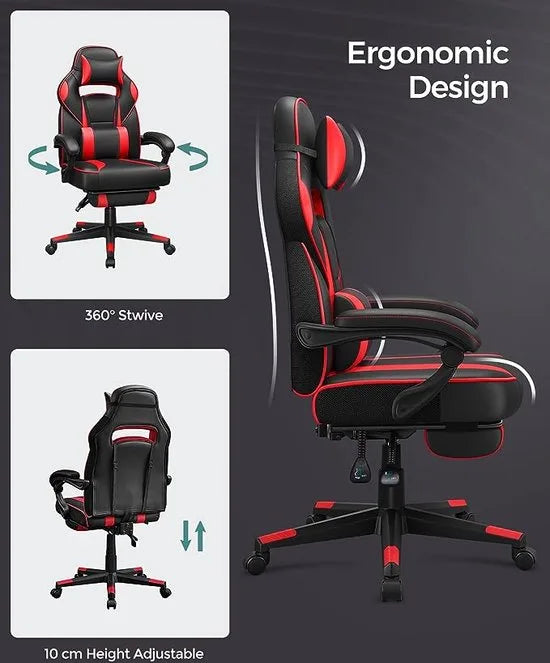 FurnStar - Gamingstoel - Bureaustoel Met Voetensteun - Bureaustoel Met Hoofdsteun En Lendenkussen - In Hoogte Verstelbaar - Ergonomisch - 90-135° Kantelhoek - Belastbaar Tot 150 kg - Zwart-Rood