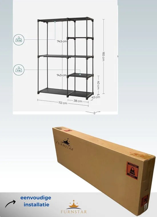 FurnStar - Garderobekast - Vrijstaande kledingkast - Opvouwbaar - Kledingrek met legplanken - Kapstok - Opbergrek - Slaapkamer - Stevig - 112x43x165 cm - Zwart