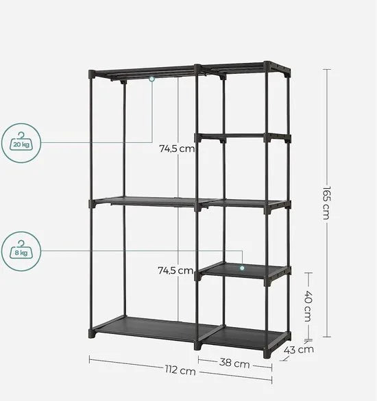 FurnStar - Garderobekast - Vrijstaande kledingkast - Opvouwbaar - Kledingrek met legplanken - Kapstok - Opbergrek - Slaapkamer - Stevig - 112x43x165 cm - Zwart