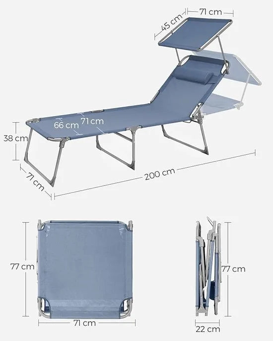 FurnStar - Grote Zonnestoel - Inklapbare Ligstoel - 71 x 200 x 38 cm - Belastbaarheid 150 kg - Met Zonwering, Hoofdsteun en Verstelbare Rugleuning - Voor Tuin, Zwembad, Terras - Blauw