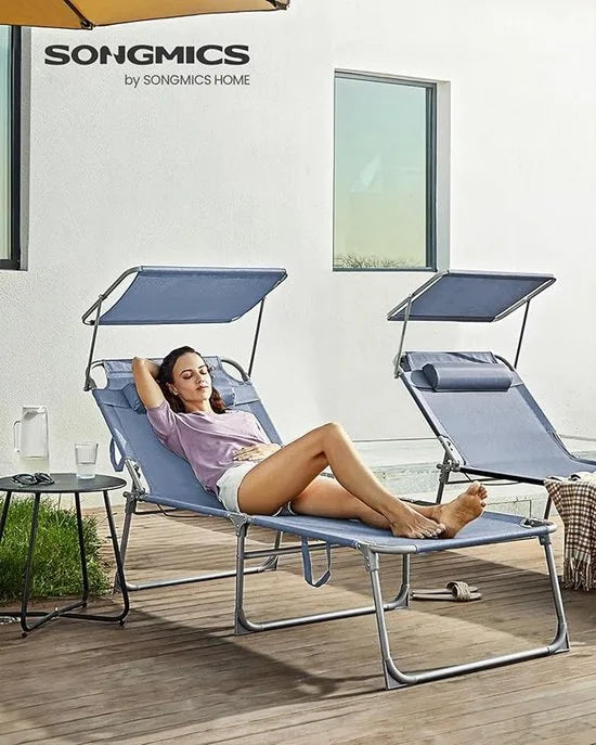 FurnStar - Grote Zonnestoel - Inklapbare Ligstoel - 71 x 200 x 38 cm - Belastbaarheid 150 kg - Met Zonwering, Hoofdsteun en Verstelbare Rugleuning - Voor Tuin, Zwembad, Terras - Blauw