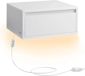 Furnstar Hangend Nachtkastje met LED Verlichting – Zwevende Wandplank met Lade – 3 Kleuren Licht – 35 x 40 x 18 cm – Modern Design voor Woonkamer & Slaapkamer – Wolkenwit