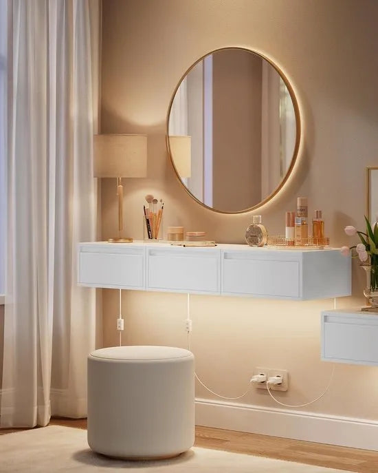 Furnstar Hangend Nachtkastje met LED Verlichting – Zwevende Wandplank met Lade – 3 Kleuren Licht – 35 x 40 x 18 cm – Modern Design voor Woonkamer & Slaapkamer – Wolkenwit